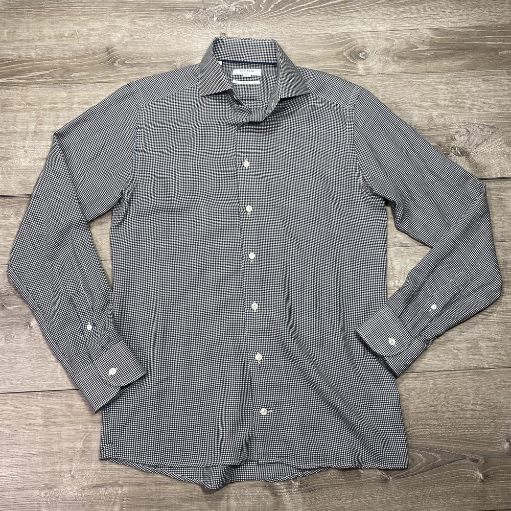 Eton Dress Shirt Men's M Slim Fit Merino Wool Houndstooth‎ Blue White Flaw Front